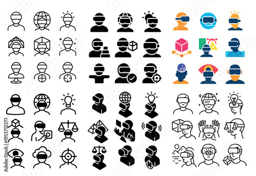 Virtual reality icons with headset globe avatar flat
