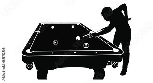 A black silhouette depicts a person playing pool aiming a shot with a cue stick on a green table silhouette