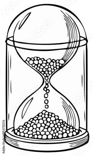 Outline of sandglass with running sand. Black and white illustration of time passing by and hourglass.