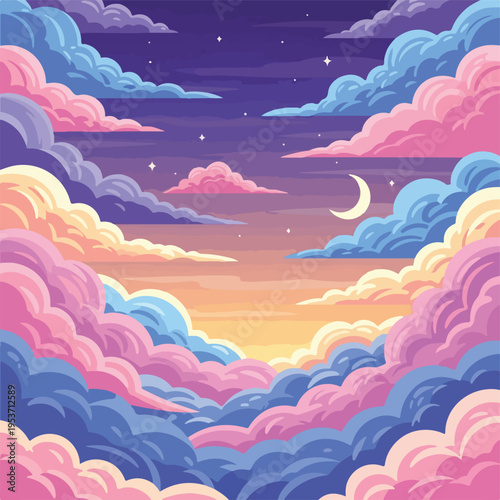 A pixelated dreamy night sky with puffy clouds and crescent moon