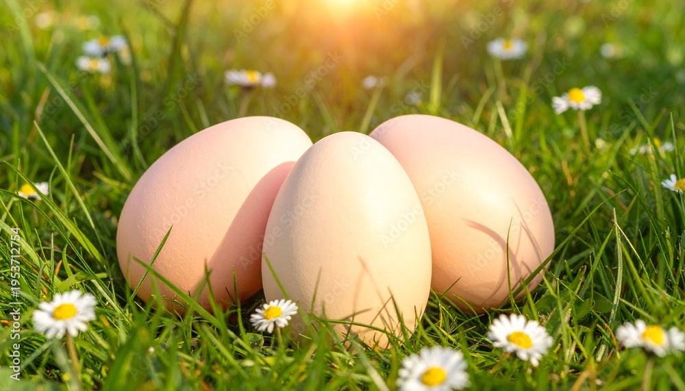 Fototapeta premium Three natural farm eggs lying in green grass with daisies under warm sunlight