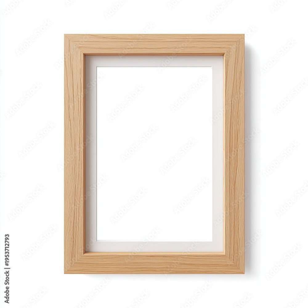 Obraz premium Empty light wood vertical picture frame with white matte against a white background