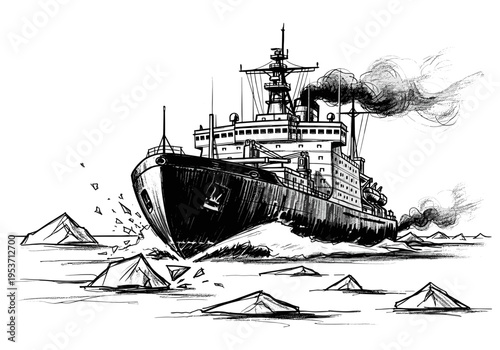 Powerful icebreaker ship navigates through frozen arctic waters, breaking ice floes
