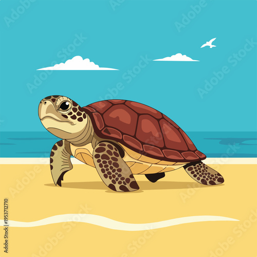 A turtle on the beach, with sea, clouds, and a flying bird