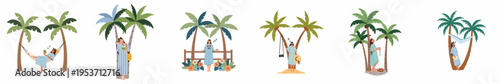 Set of cartoon illustrations showing a woman relaxing and sleeping in various tropical vacation scenes with palm trees.