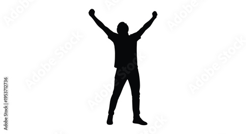 A dark silhouette of a person with arms raised in a triumphant gesture against a plain white background silhouette high quality
