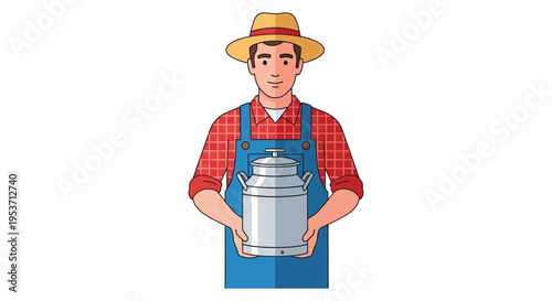A cheerful farmer stands holding a metal milk can showcasing a simplistic flat design silhouette high quality professional detailed modern elegant