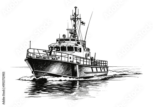 Sketch of a patrol boat cruising through choppy water with a white background