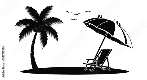 A tropical beach scene featuring a palm tree beach chair umbrella and birds in black silhouette high quality professional detailed modern