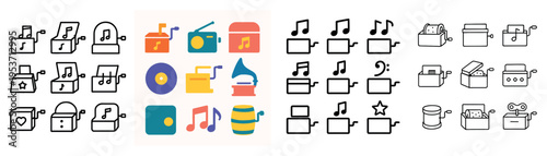 Music icons with box record gramophone colorful flat