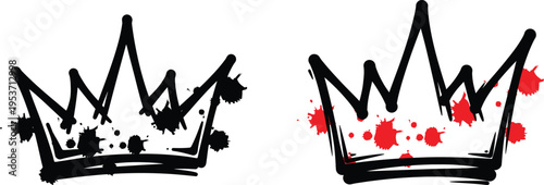 Two hand drawn crowns with one having red splatters