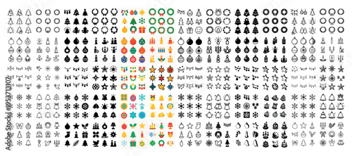 Christmas icons with tree gift ornament flat