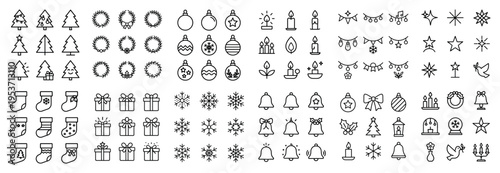 Christmas icons with tree wreath bauble outline