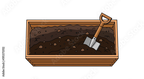 A rectangular planter box filled with dark soil and gardening tools presented in a flat bold silhouette high quality professional detailed