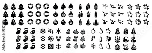 Holiday icons with tree wreath ornament festive