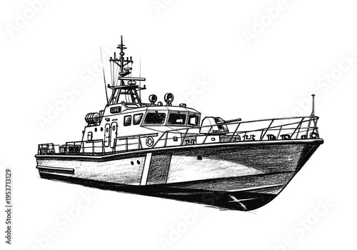 Sketch of a patrol boat with a gun and radar, isolated on white background