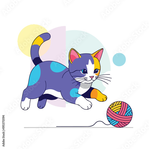 A playful, cartoon cat with colorful fur and yarn