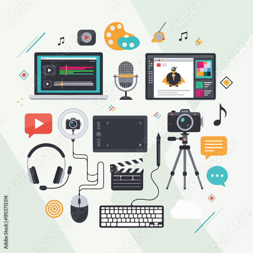 A vector illustration with tech and creative elements in a modern style