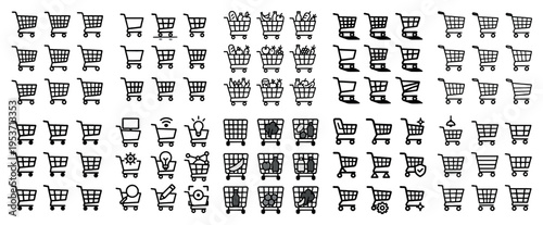 Shopping icons with cart and basket outline