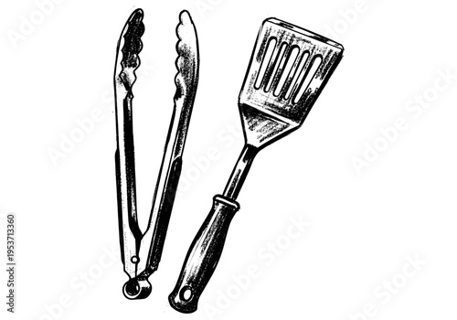 Hand-drawn illustration of barbecue tongs and a spatula on a white background