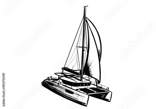 Hand-drawn sketch of a modern catamaran sailboat with full sails on a white background