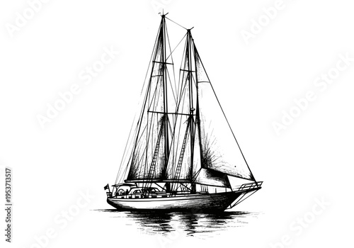 Elegant schooner sailing gracefully on calm water, rendered in a classic black and white sketch style