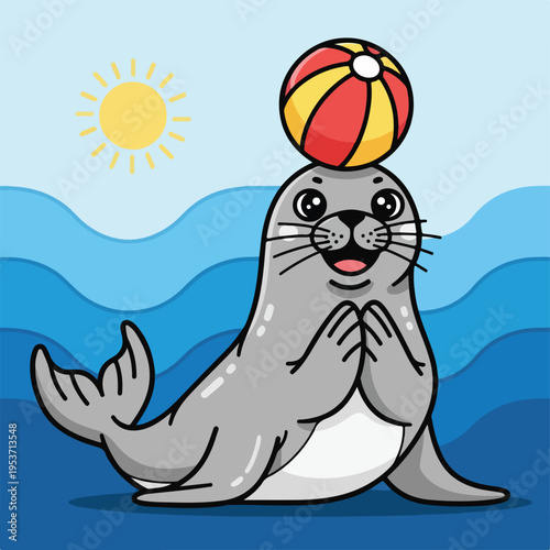 A playful seal balances a beach ball on its head near sunny waves