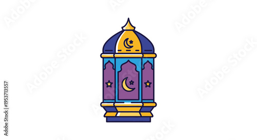 A vibrant colorful illustration depicts a traditional islamic lantern with crescent moons and stars a striking silhouette high quality professional detailed