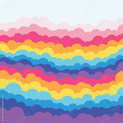 A vibrant abstract artwork featuring colorful, cloud-like layered shapes