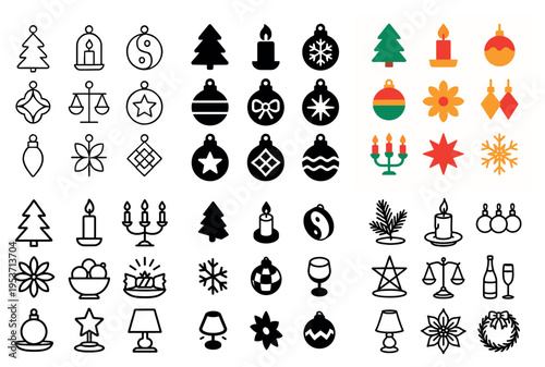 Holiday icons with tree candle and baubles colorful
