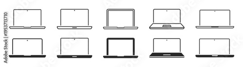 Laptop icon set, different styles, notebook computer collection, flat and line icons, modern laptop symbols on transparent background