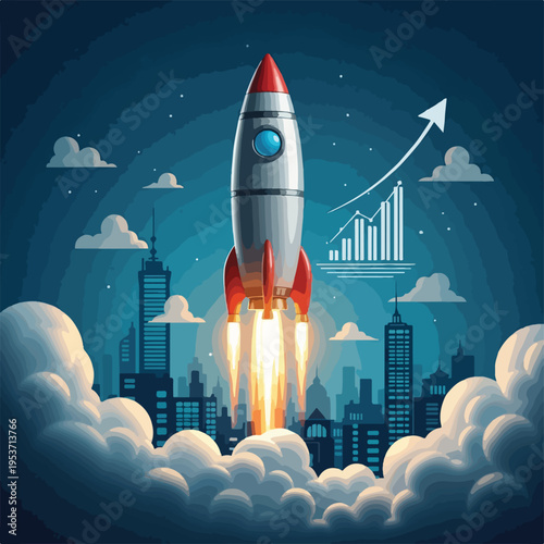 A rocket blasting off in front of a city with a growing upward chart