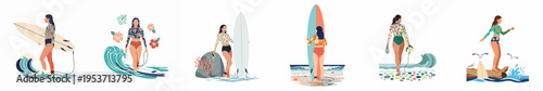 Set of illustrations featuring diverse female surfers with floral swimwear and surfboards on a beach background, perfect for summer and water sports themes.