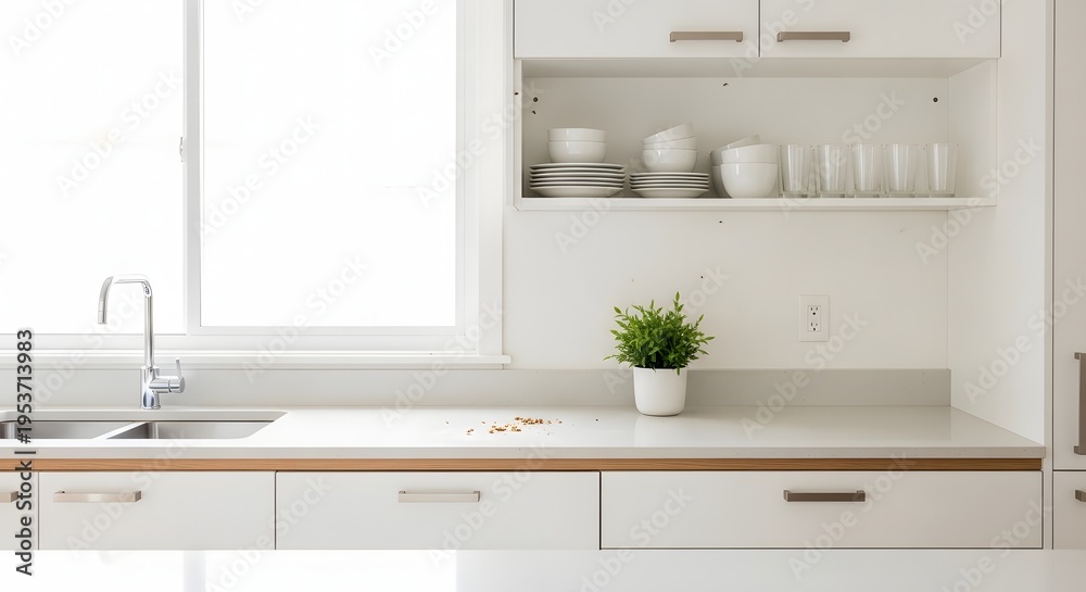 Fototapeta premium Minimal white kitchen countertop with dishes and small crumbs