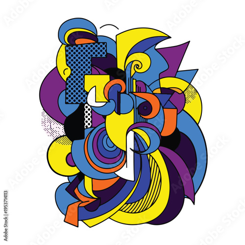 A vibrant abstract composition with a playful interplay of shapes and colors