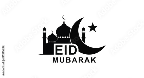 A striking eid mubarak graphic features a crescent moon mosque and star in black silhouette high quality professional detailed modern elegant