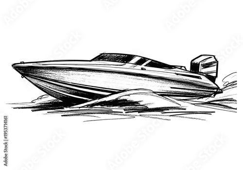 Sketch of a sleek speedboat cutting through choppy water with an outboard motor
