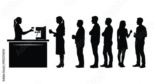 A line of people waits at a coffee shop counter a barista serves a customer presented as a silhouette high quality