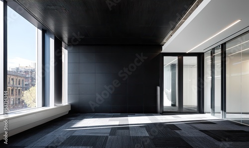 Empty contemporary office with dark ceiling, large windows, and sunlight on floor