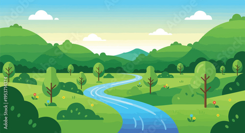 A scenic, cartoon-style landscape depicts a flowing river and rolling hills