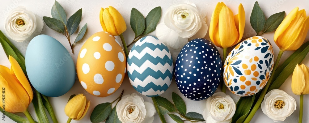 Fototapeta premium Easter eggs with yellow, blue and white patterns surrounded by tulips and ranunculus