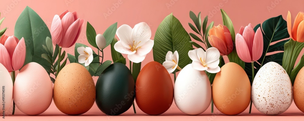 Naklejka premium Easter eggs and spring flowers arranged on a pink background for seasonal celebration