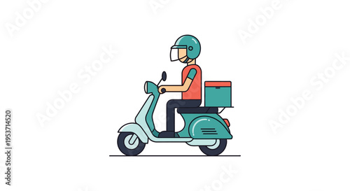 A delivery person wearing a helmet rides a teal scooter transporting a box depicted in a flat illustration style silhouette