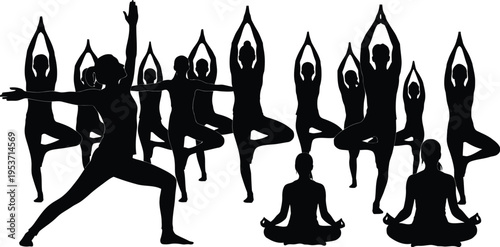 Yoga poses silhouettes multiple people in fitness class
