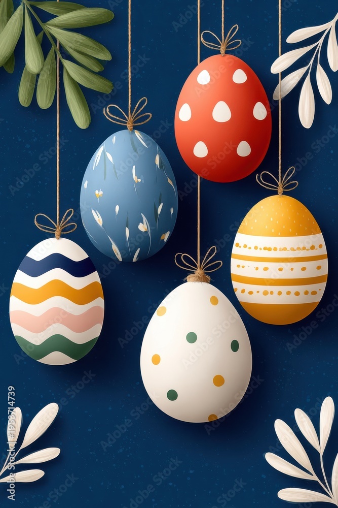 Obraz premium Hand-drawn Easter eggs hanging on twine against a navy blue background with floral leaves