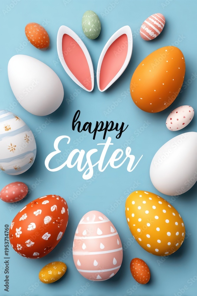 Obraz premium Happy Easter banner with colorful decorated eggs and bunny ears on pastel background