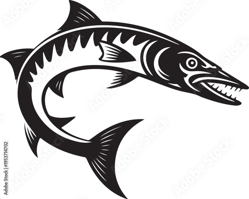 Stylized Barracuda Fish Illustration - Black and White Vector Art