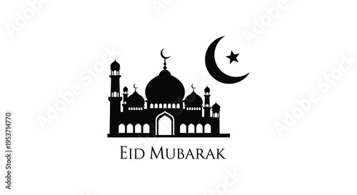 A striking black silhouette depicts a mosque crescent moon and star with the eid mubarak greeting below silhouette high quality professional