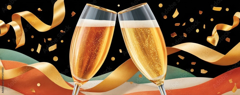 Naklejka premium Champagne toast for New Year's Eve with ribbons and confetti in a festive celebration