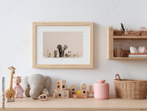 Cozy children's room with framed elephant print, plush toys, and wooden blocks on a table